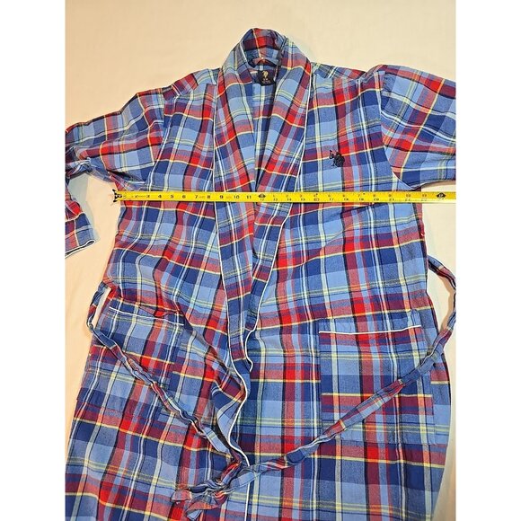 US Polo Assn Logo Robe Men Multicolor Plaid Red Blue 100% Cotton Pocket Size S/M - Picture 11 of 16